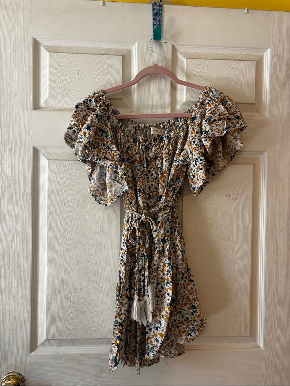 Cynthia Rowley Cream Floral Off-Shoulder Dress with Mustard and Navy Accents